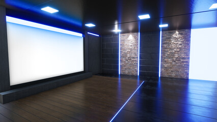 3D Virtual TV Studio News, Backdrop For TV Shows .TV On Wall.3D Virtual News Studio Background,3d illustration