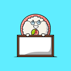 Cute cartoon Rice sushi rolls sashimi teacher character with big whiteboard in flat cartoon style concept