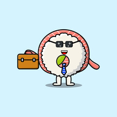 Cute cartoon Rice sushi rolls sashimi businessman character holding suitcase illustration