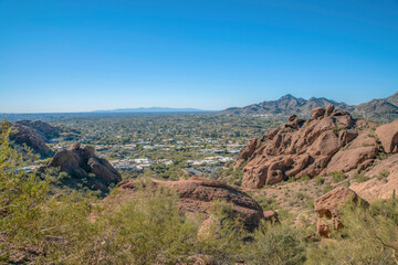 View of residential area below from the cliff on Camelback Mountain at Phoenix, Arizona