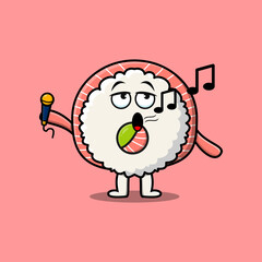Cute cartoon Rice sushi rolls sashimi singer character holding mic in flat modern style design