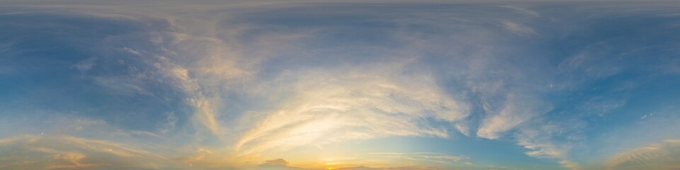 Bright sunset sky panorama with Cirrus clouds. Hdr seamless spherical equirectangular 360 panorama....