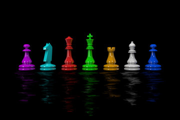 Colored chess pieces stand in a row with a reflection in the water. 3D illustration.