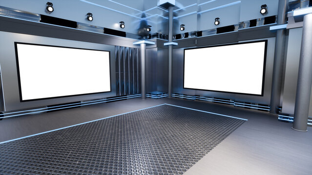 3D Virtual TV Studio News, Backdrop For TV Shows .TV On Wall.3D Virtual News Studio Background,3d illustration