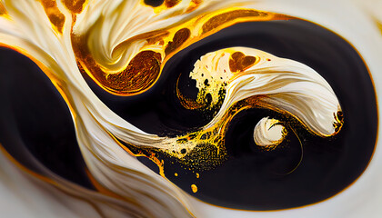 Mixing acrylic paint, liquid paint abstract white with gold and black. Abstract background. Beautiful liquid swirl.