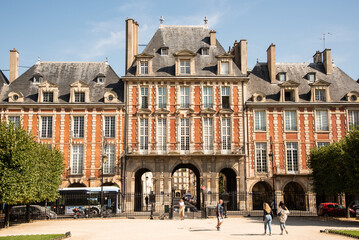 Paris, France. August 2022. Pavillion de la Reine at the Place des Vosges in Paris.