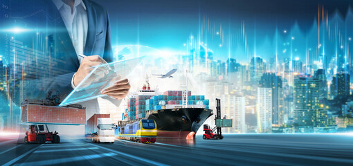Business and Technology Digital Future of Cargo Containers Logistics Transportation Import Export...
