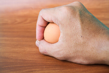 One chicken egg is held by hand.