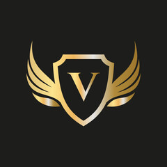 Initial Wing Logo On Letter V Alphabet For Transportation Logo Symbol