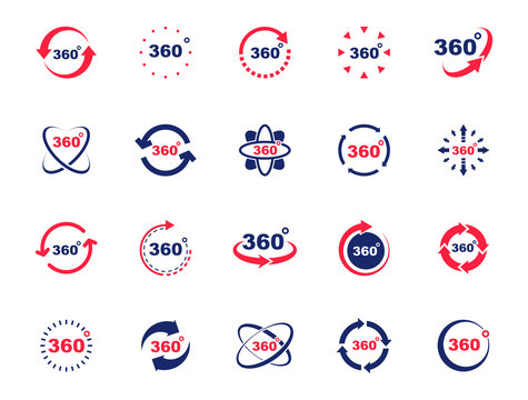 360 degrees view icon set. Signs virtual reality, panoramas and 360 degrees rotating. Icons with arrows and circles indicating turn 360 degree view. Vector illustration.