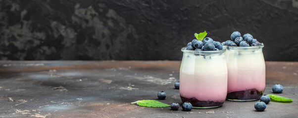 parfait blueberries with yogurt and blueberry jam. Healthy breakfast. Super food healthy eating...