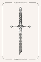 Knight's sword with broken blade in engraving style. Ancient weapons of the medieval warrior on light background. Vintage vector illustration for history book design or tattoo template.