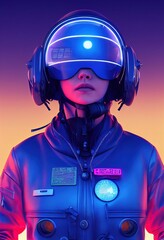 Portrait of a fictional futuristic female pilot in an aviation helmet and pilot's suit, against a background of neon lights. 3d rendering - obrazy, fototapety, plakaty