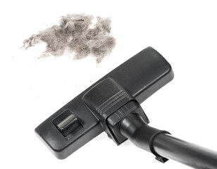 Vacuum cleaner and trash isolated on a white background. Brush of a vacuum cleaner with dust close up.  House cleaning