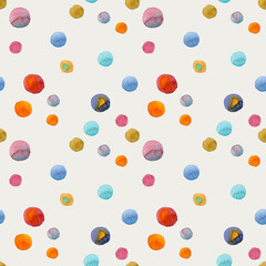 Seamless pattern bright colorful dots painted in watercolor on a light background. For fabric, sketchbook, wallpaper, wrapping paper.