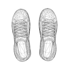 Wireframe of sports sneakers from black lines isolated on white background. View from above. 3D. Vector illustration.
