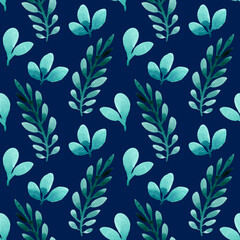 Seamless pattern of green leaves painted with watercolors on a dark blue background. For fabric, sketchbook, wallpaper, wrapping paper.