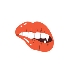 Obraz premium Vampire lips with fangs. A woman's mouth with bright red lips and long, sharp teeth. Vampire aesthetic. Halloween element. Vector illustration in cartoon style. Isolated white background