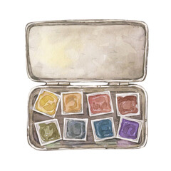 Watercolor illustration of vintage watercolor palette isolated on a white background.