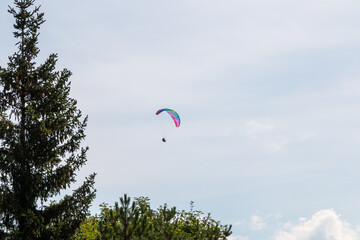 a paraglider flying over the forest