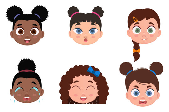 Set of faces, child emotions, shock, angry, cheerful, smiling, crying. Vector illustration