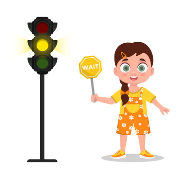 Girl with a waiting sign. The traffic light shows a yellow signal. Vector illustration
