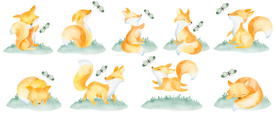 A set of PNG images of cute foxes. Watercolor illustration cartoon character fox cub, butterfly. Hand painted on a white background. For design, prints, poster, postcard or background.