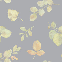 tender autumn leaves isolated on a light gray background, collected in a seamless pattern