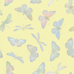 butterflies and dragonflies of pale blue on a yellow background. Seamless botanical pattern for design, wallpaper, wrapping paper.