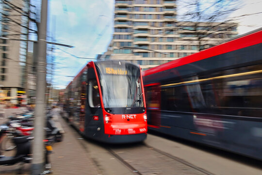 modern street car tram on the street -Den Haag, Netherlands - November 03 2021