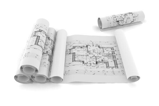 Bauplanung: Grundriss vom Dacheschoss eines Einfamilienhauses gerollt oder ausgebreitet auf freigestelltem Hintergrund