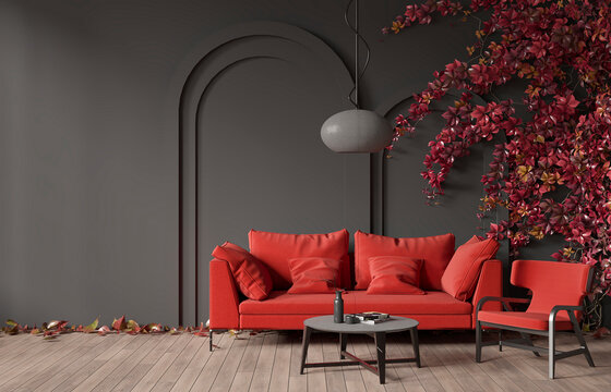 Mock-up interior design of a living room in a modern style. Wooden floor, dark gray wall with plants. Furnished with red sofa, chair and coffee table. 3d rendering