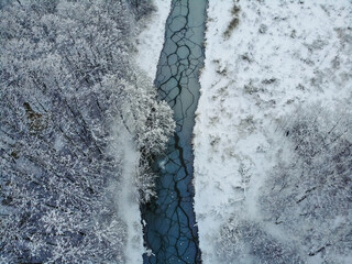 Fototapeta premium Snowy forest and curvy river on the plain in winter. Aerial view of nature in winter