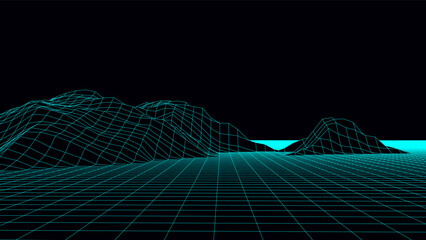 Technology perspective grid with mountain landscape background. Vector digital space wireframe landscape. Mesh on a black background