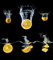 Set of oranges with water splash isolated on black background. Collection of oranges falling into the water. Big size.