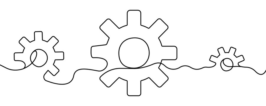 Continuous Line With Gear Wheel. Linear Cogwheel. Drawing With Cog. Vector 10 EPS.