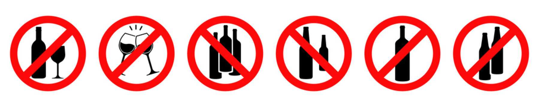 Set of no alcohol vector signs. Prohibited icons of drink alcohol. Red forbidden sign.  Vector 10 EPS.
