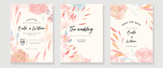 Fototapeta Luxury botanical wedding invitation card template. Watercolor card with pink, blue color, leaves branches, foliage, rose flowers. Elegant blossom vector design suitable for banner, cover, invitation. obraz