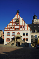 Fototapeta premium Historical town hall with renaissance gable, multifunctional clock, sun dial. Plauen city, Vogtland district, Saxony, Germany.