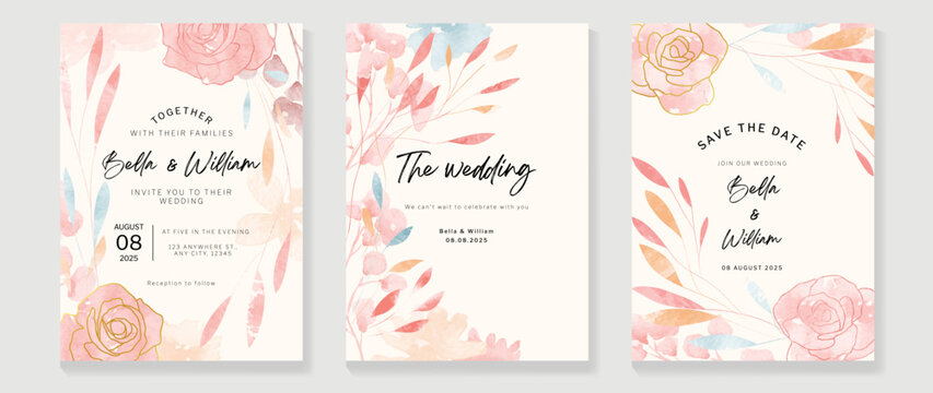 Luxury botanical wedding invitation card template. Watercolor card with pink, blue color, leaves branches, foliage, rose flowers. Elegant blossom vector design suitable for banner, cover, invitation.