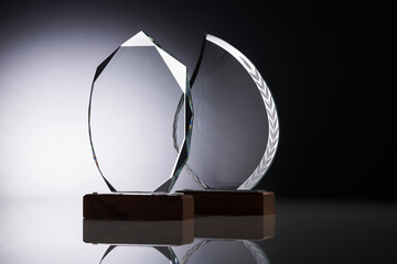 Crystal or glass trophy against gray background