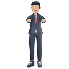 Businessman pointing finger at front 3d character illustration