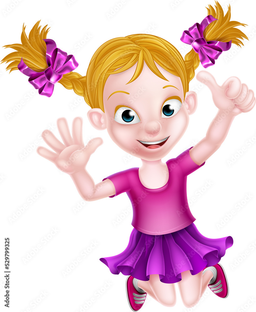 Poster happy cartoon girl jumping