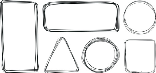 Hand drawn geometric shapes. Line art sketch freehand doodles. Set of vector frames isolated on white