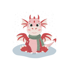 Red dragon wearing a scarf and sitting in snow. Cute cartoon character in flat style. Vector seasonal illustration.