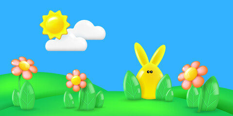 Spring landscape with yellow rabbit and flowers. Green hills with flowers and yellow bunny. Vector illustration