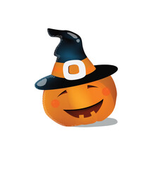 Vector pumpkin in a witch's hat. Halloween costume. Witch headdress. Cartoon pumpkin. Halloween decoration.