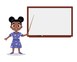 Child stands with a pointer near the blackboard. Vector illustration