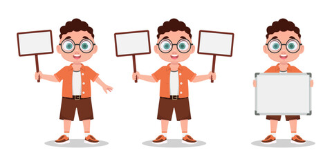 A set of boys, a boy in glasses holding a sign in his hands, without an inscription. Vector illustration