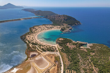 Aerial drone photo of the iconic  semicircular sandy beach of Voidokoilia in Messinia, Gialova, Peloponnese, Greece